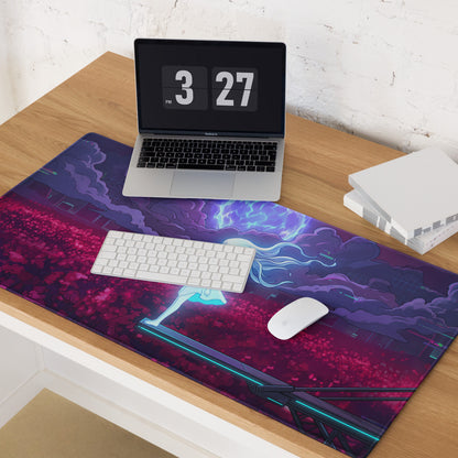 Vaporwave neon goddess anime gaming mouse pad with glowing blue-haired character in purple and pink cosmic design