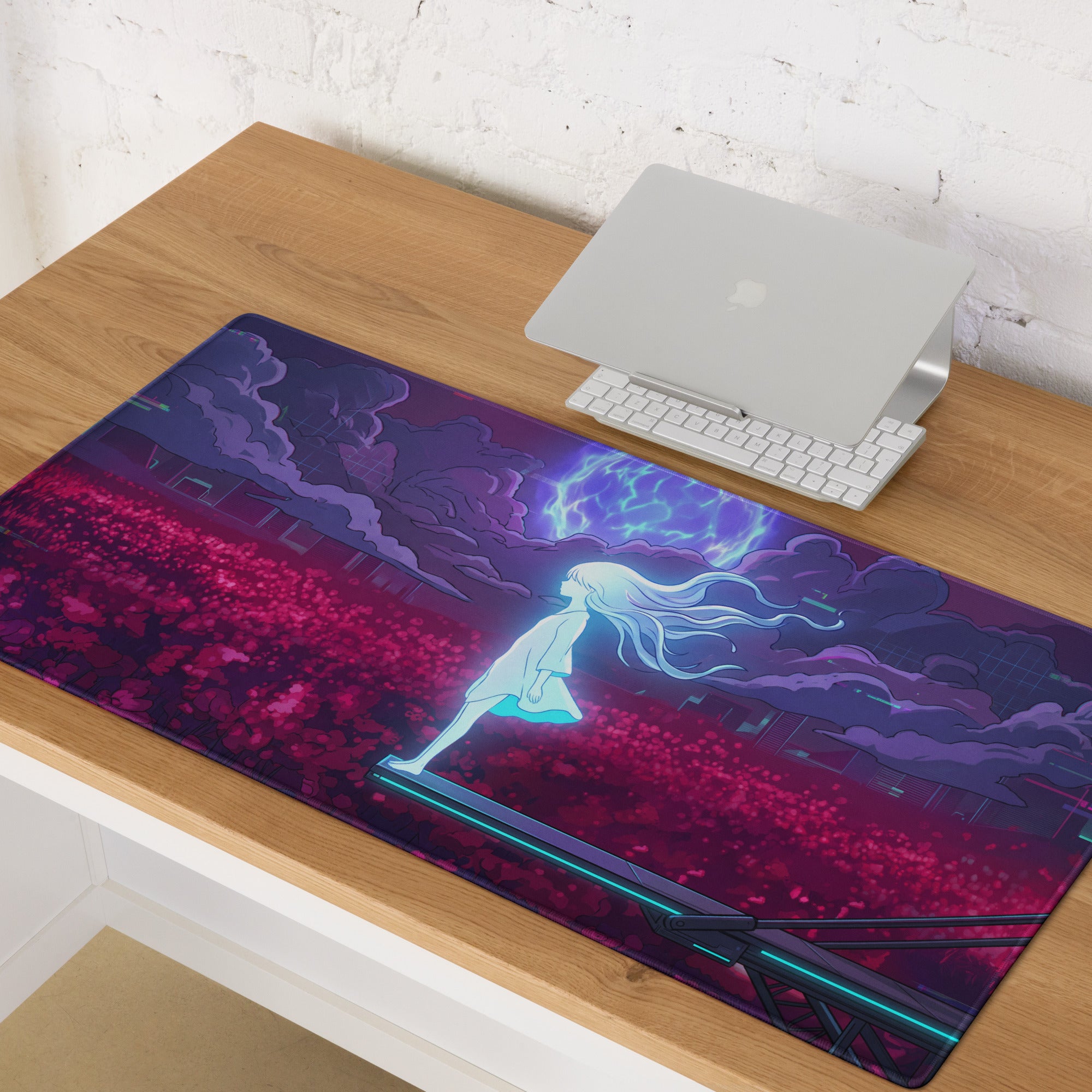 Vaporwave neon goddess mouse pad with glowing white-haired figure on purple pink futuristic stormy background
