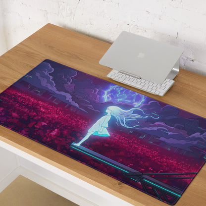 Vaporwave neon goddess mouse pad with glowing white-haired figure on purple pink futuristic stormy background