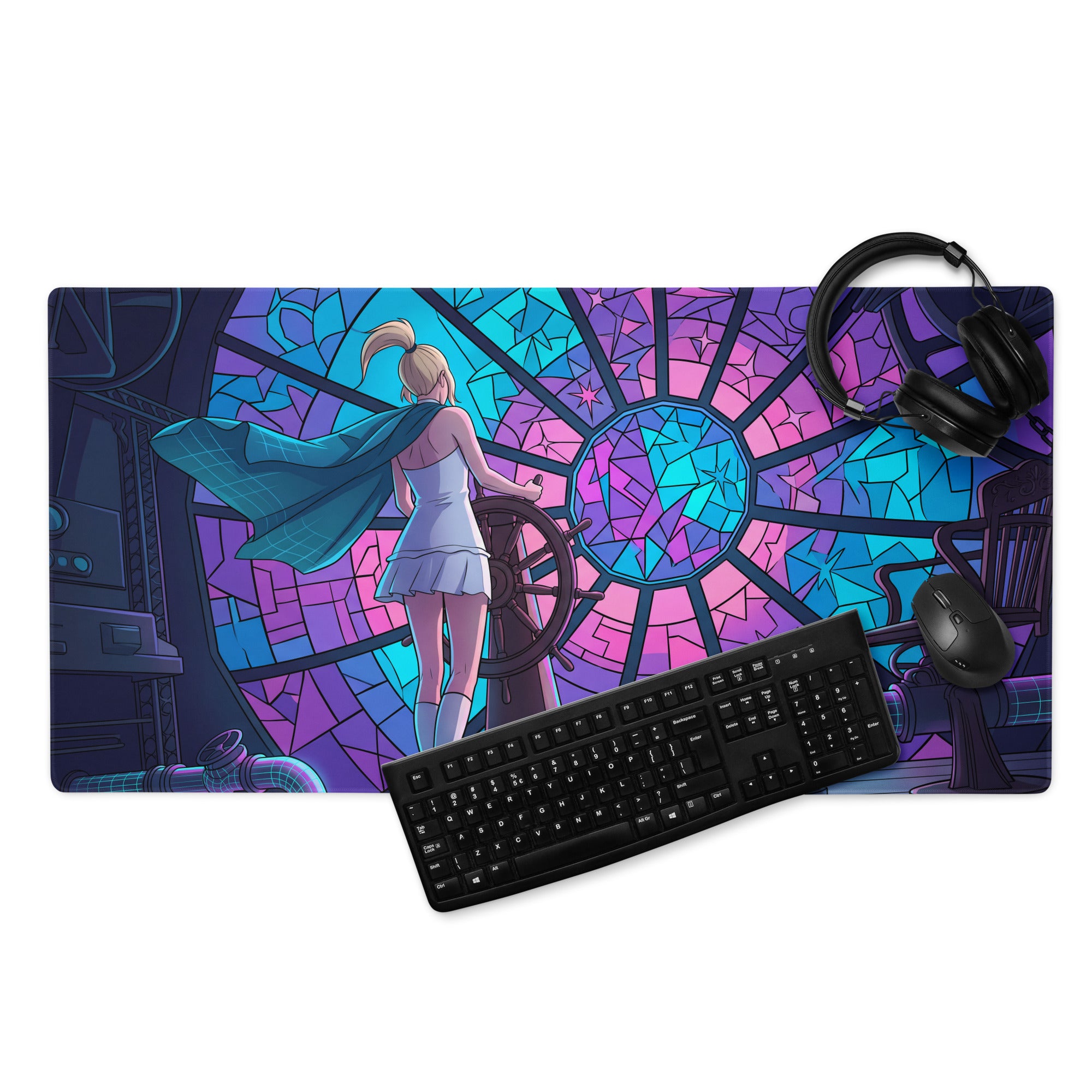 Rectangular gaming mousepad with vibrant stained-glass design of blonde character at ship’s wheel in purple blue pink hues