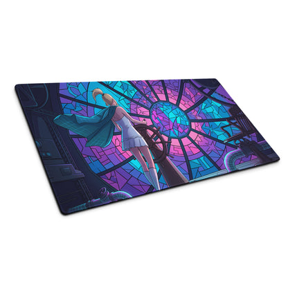 Rectangular vaporwave neon desk pad with vibrant stained-glass design and blonde woman in white dress at ship helm