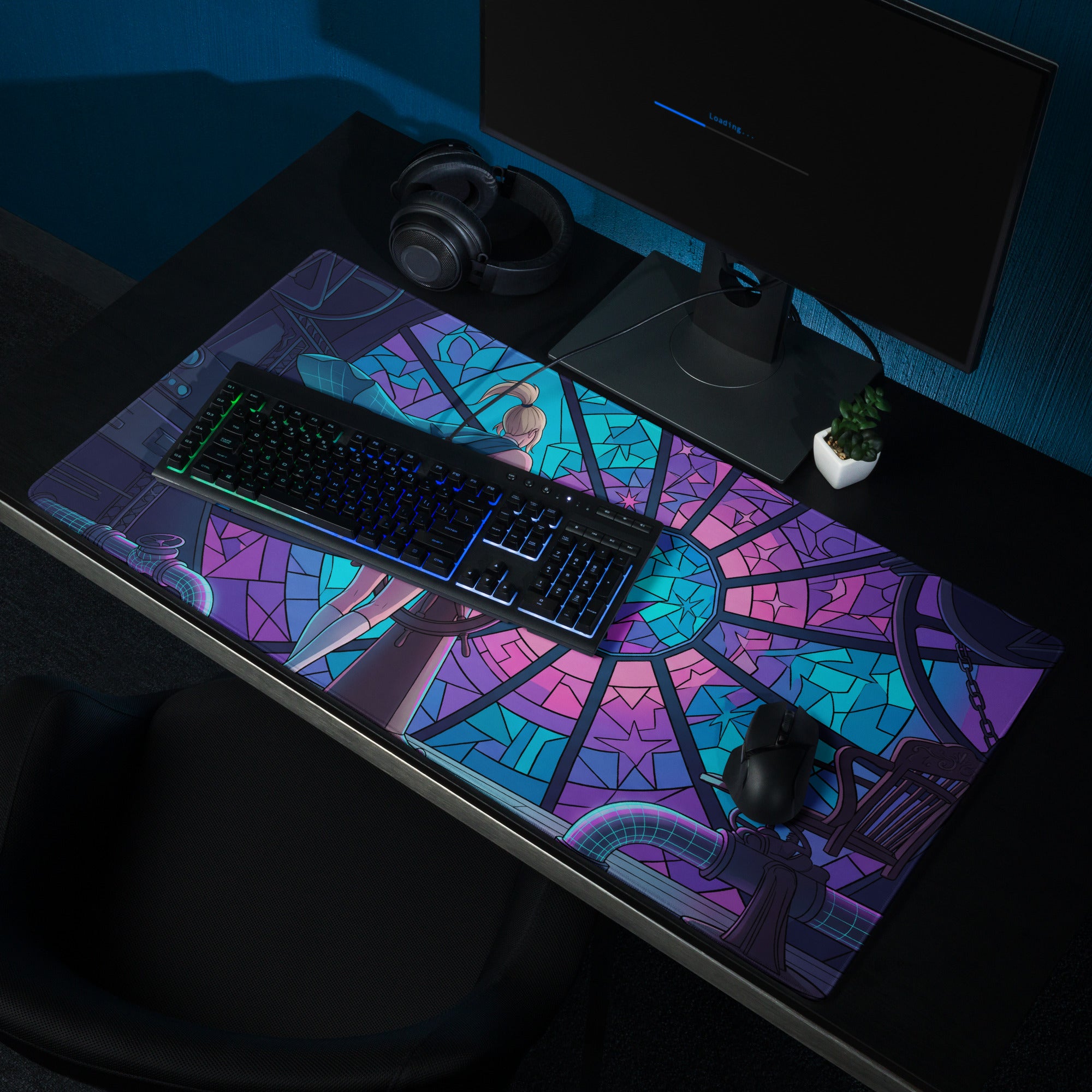 Vibrant stained-glass-style gaming mousepad with anime design in blue purple and pink for vaporwave neon desk setup