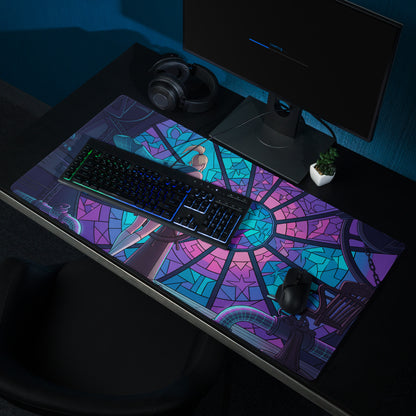 Vibrant stained-glass-style gaming mousepad with anime design in blue purple and pink for vaporwave neon desk setup