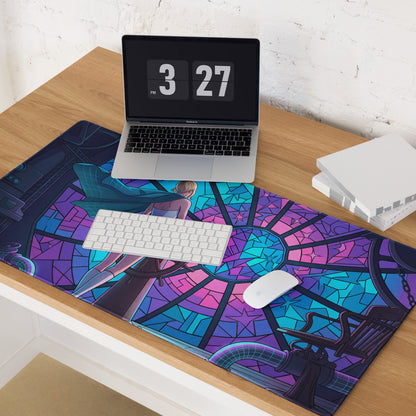 Vibrant stained-glass-themed vaporwave neon desk pad featuring a teal and purple anime character in retrofuturism style
