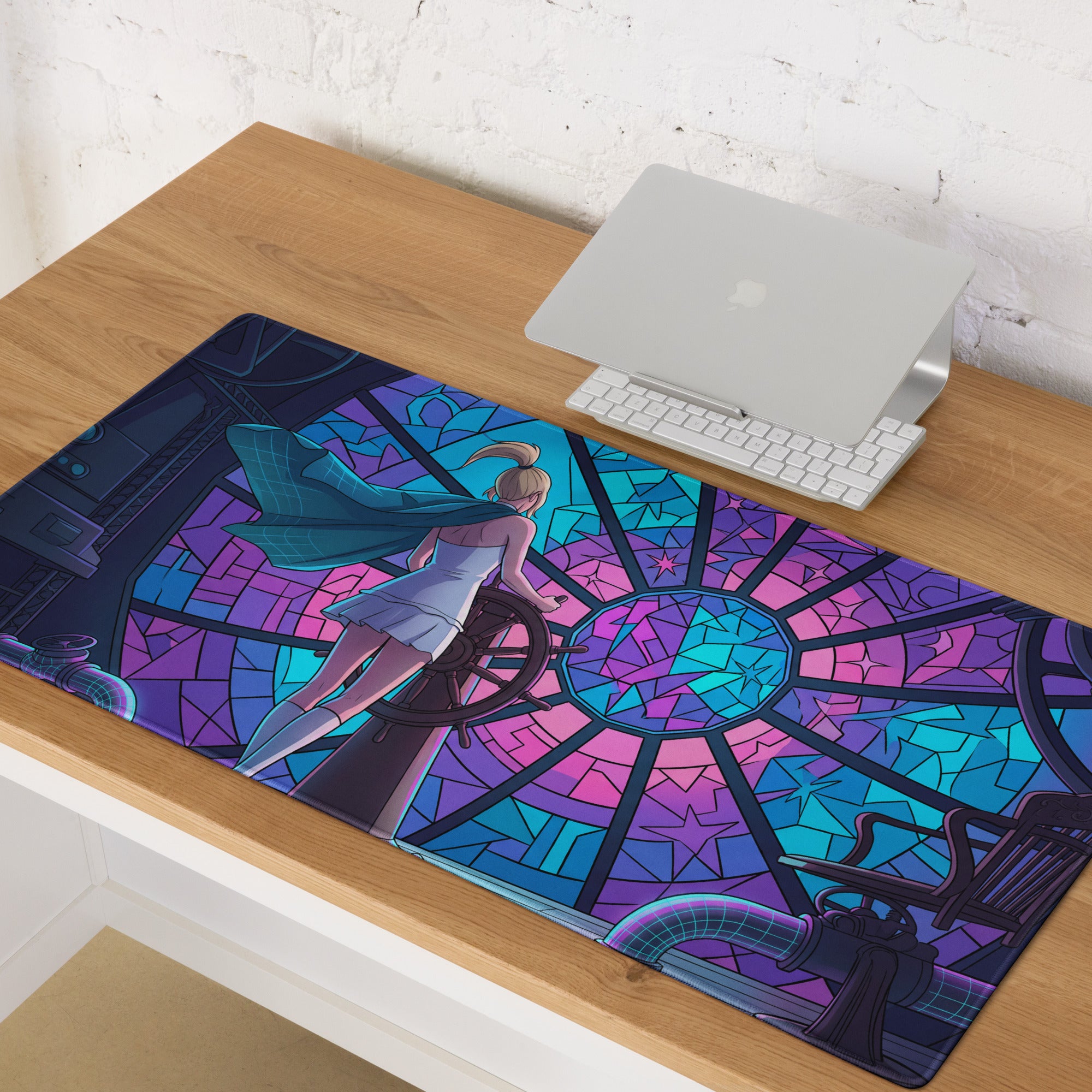 Vibrant stained glass design vaporwave neon desk pad with anime girl in white dress teal cape at ship’s wheel purple pink blue