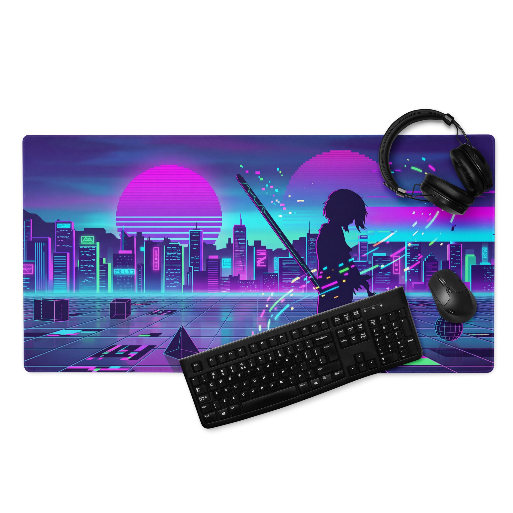 Neon vaporwave city pad mousepad with glowing purple and blue cyberpunk cityscape and silhouetted figure holding sword