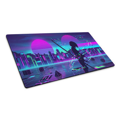 Neon vaporwave city pad gaming mousepad with purple and cyan cyberpunk cityscape and glowing energy silhouette