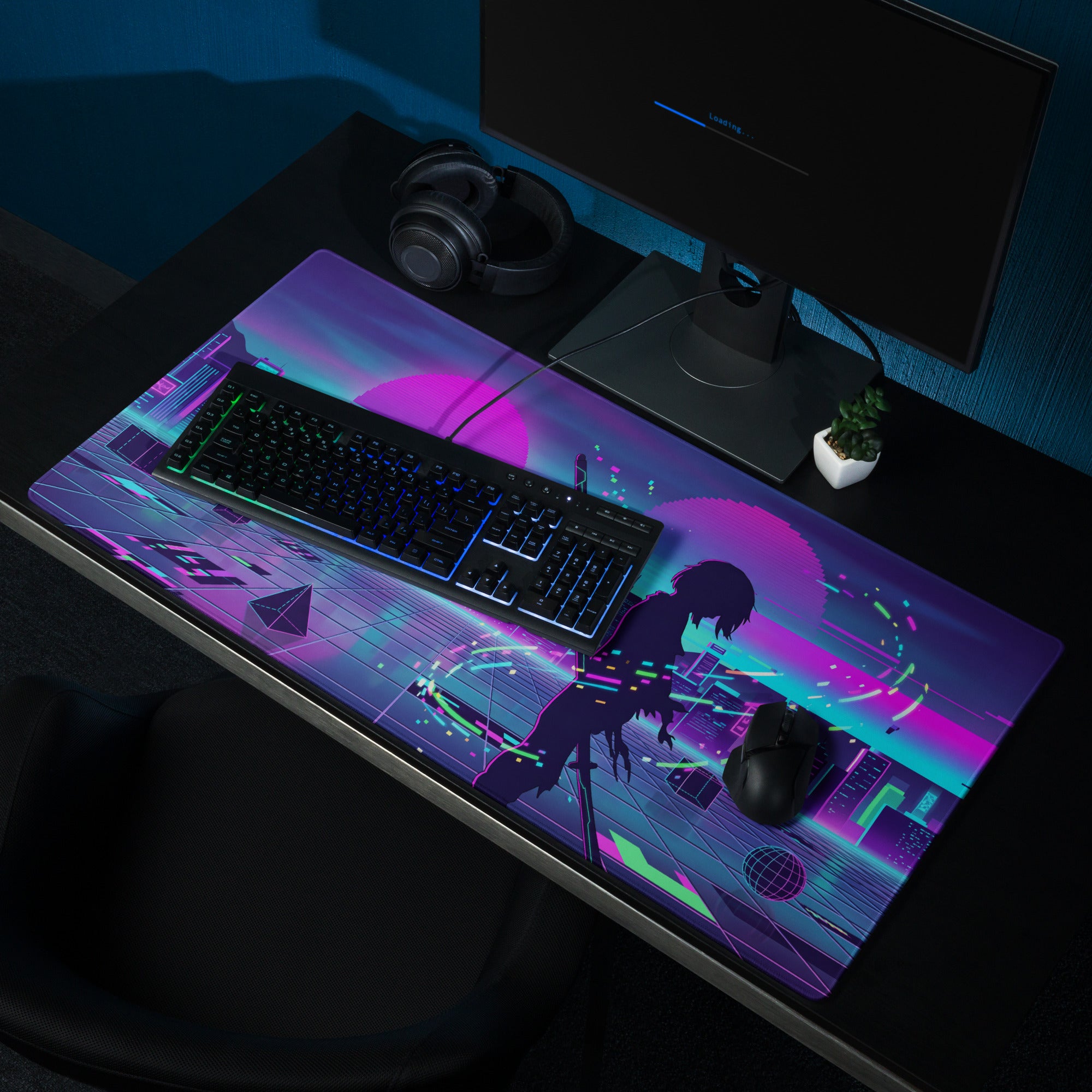 Ninjago-themed gaming mousepad with vibrant neon purple pink teal cyberpunk design and anime silhouette against glowing patterns