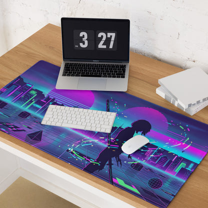 Vibrant neon purple and teal cyberpunk gaming mousepad with anime silhouette and glowing cityscape design