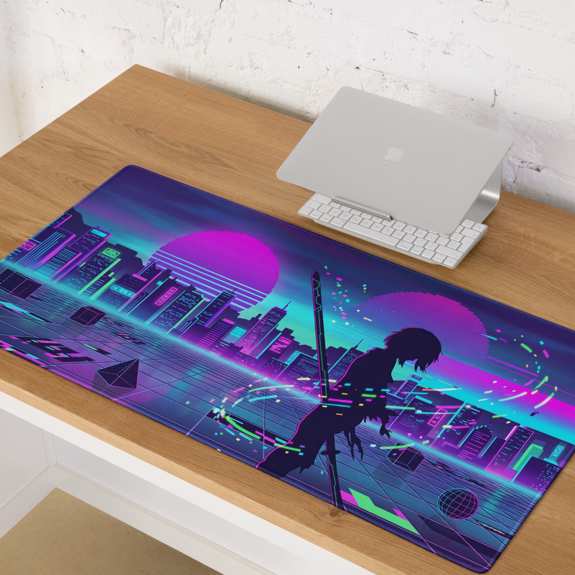 Neon vaporwave city pad gaming mousepad with vibrant neon purple and teal cyberpunk cityscape and anime sword silhouette