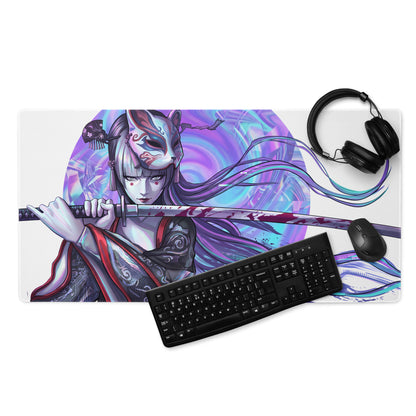 Rectangular gaming mousepad with vibrant anime samurai woman in purple and blue vaporwave neon colors for desktop use