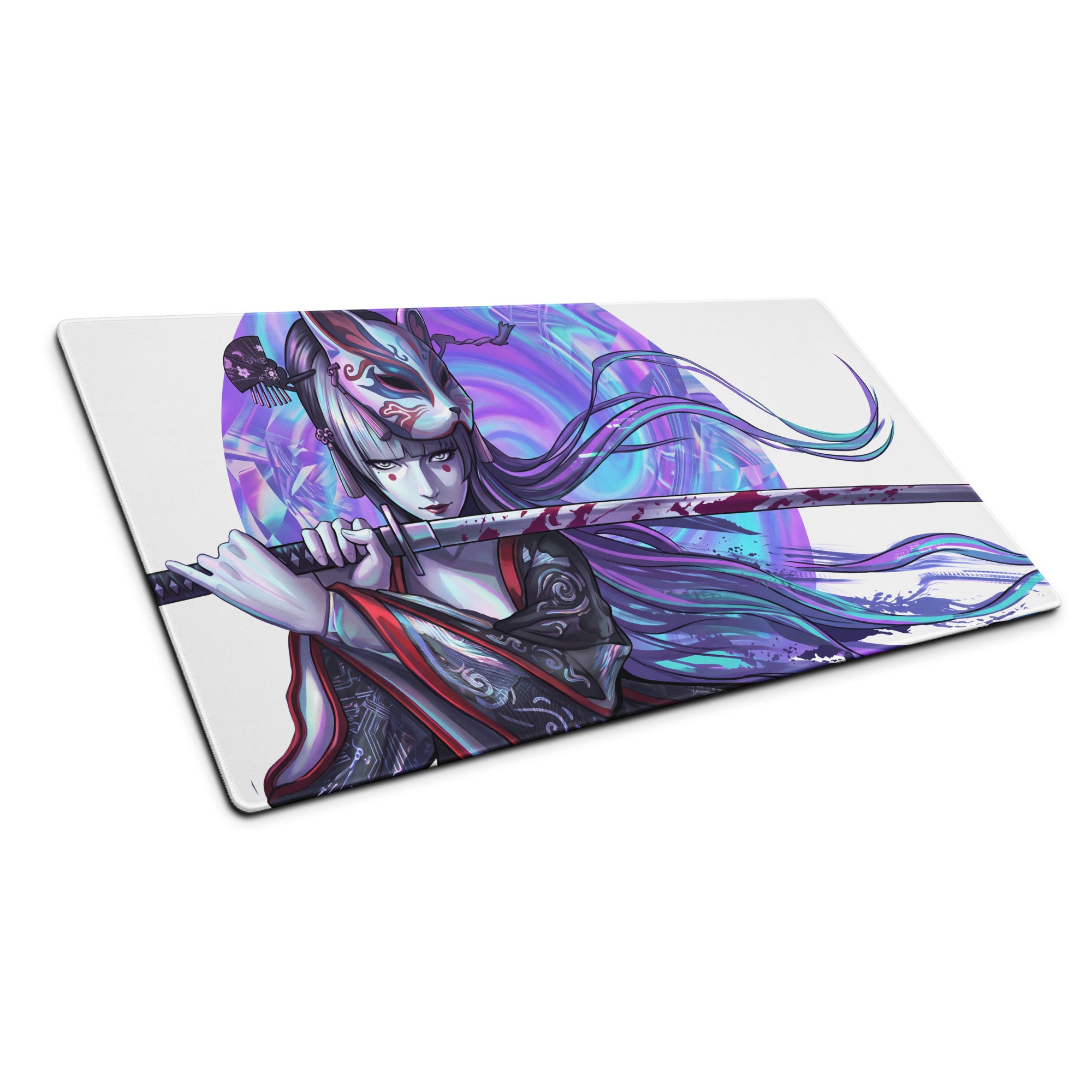 Vaporwave geisha neon gaming mousepad with vibrant anime masked samurai woman in purple blue robes on smooth white surface