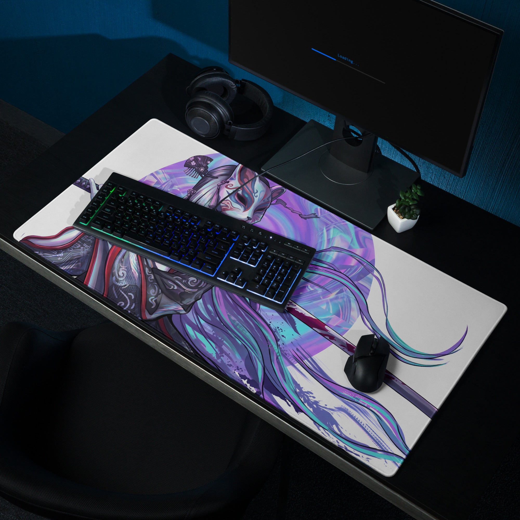Vaporwave geisha neon mouse pad with vibrant anime character and flowing purple teal hair on white background