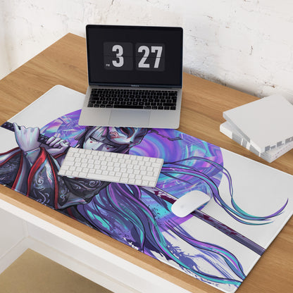 A vibrant vaporwave geisha neon mouse pad with purple and teal anime character art for gaming desks