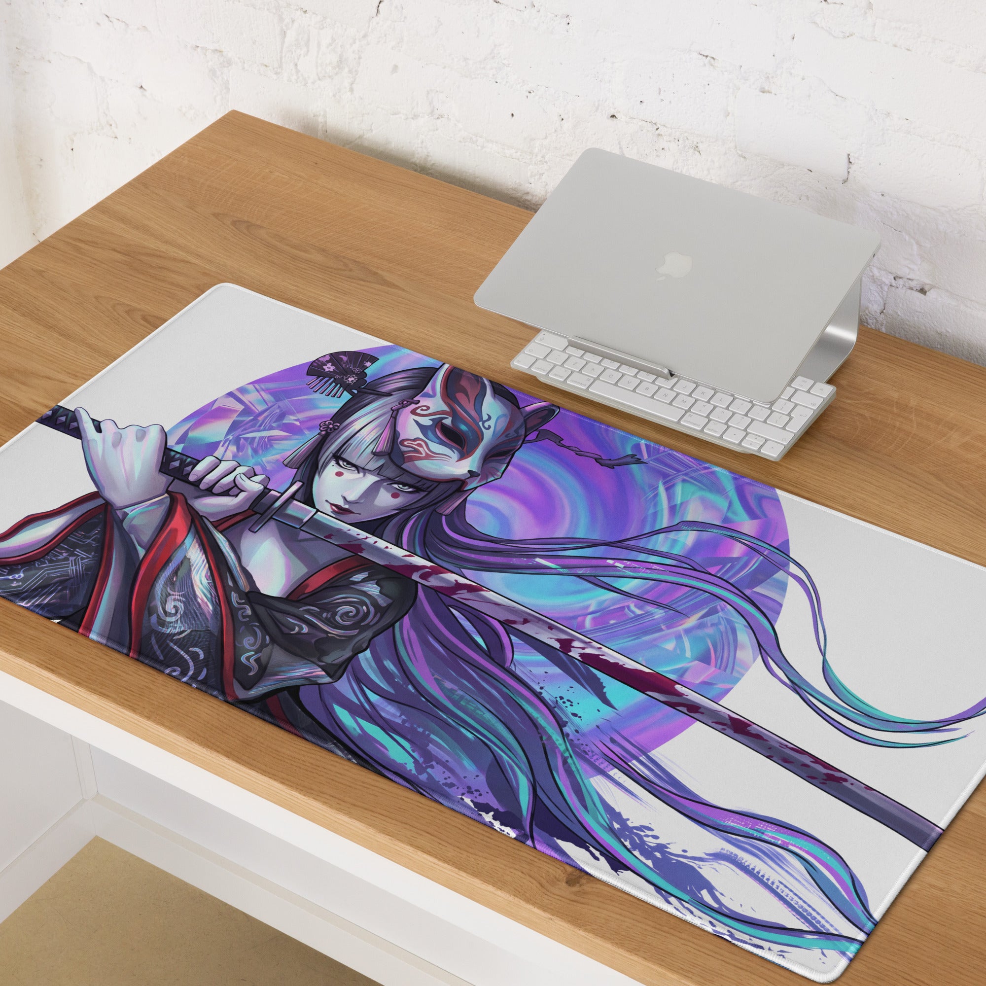 A white-framed rectangular vaporwave geisha neon mouse pad with vibrant anime samurai woman in purple blue hues