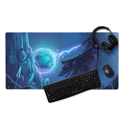 Vaporwave neon dragon desk mat gaming mouse pad with blue and purple dragon and glowing orb digital art design