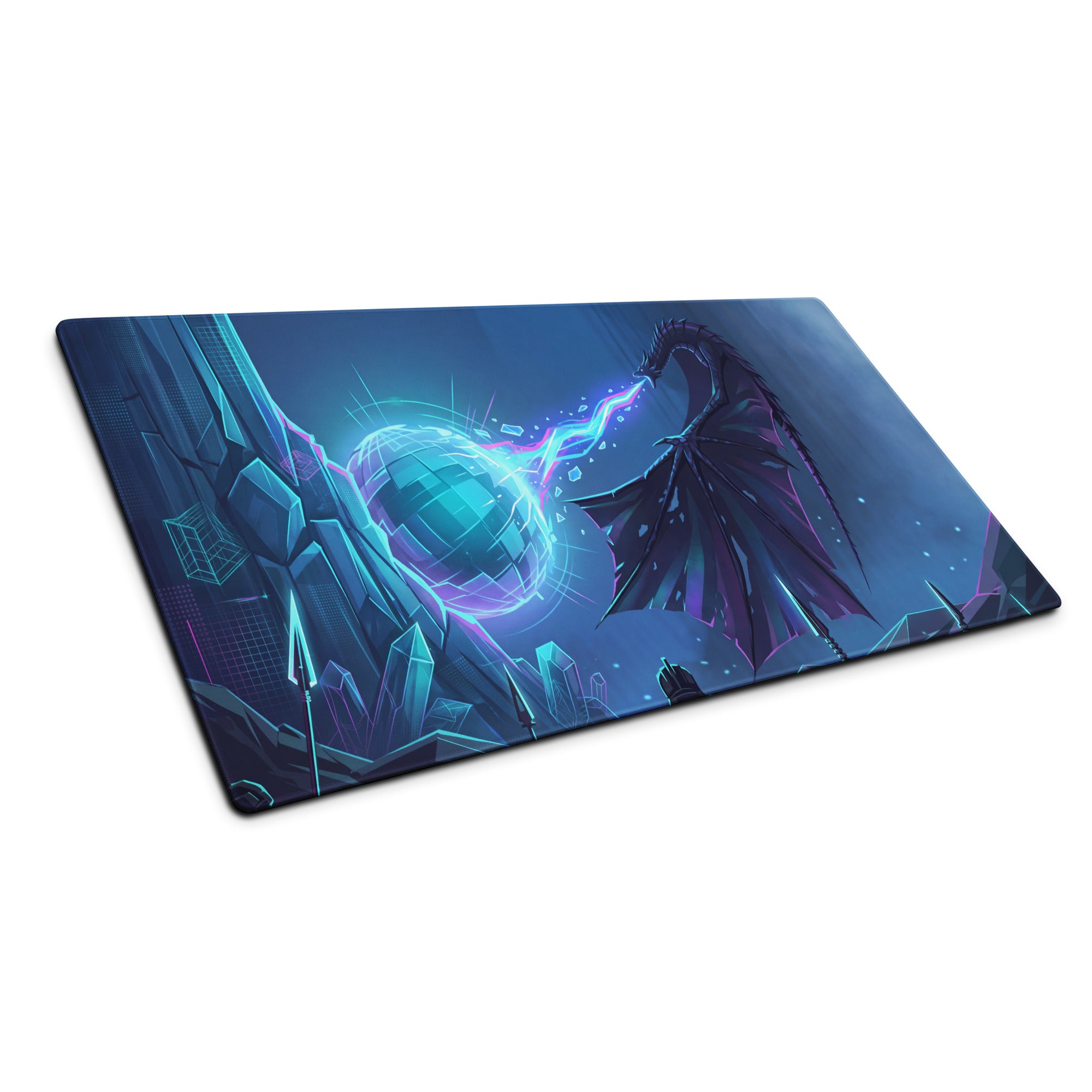 A rectangular gaming mousepad with a vaporwave neon dragon design in blue and purple for cyberpunk setups