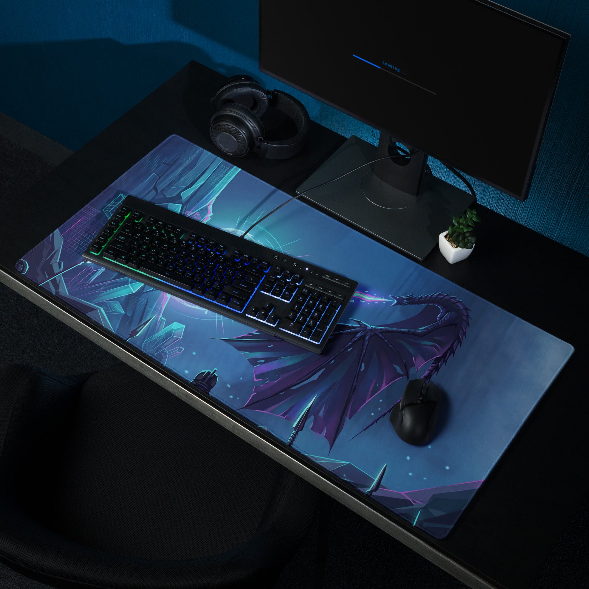 Vaporwave neon dragon desk mat gaming mousepad with vibrant blue and purple dragon design for cyberpunk setups
