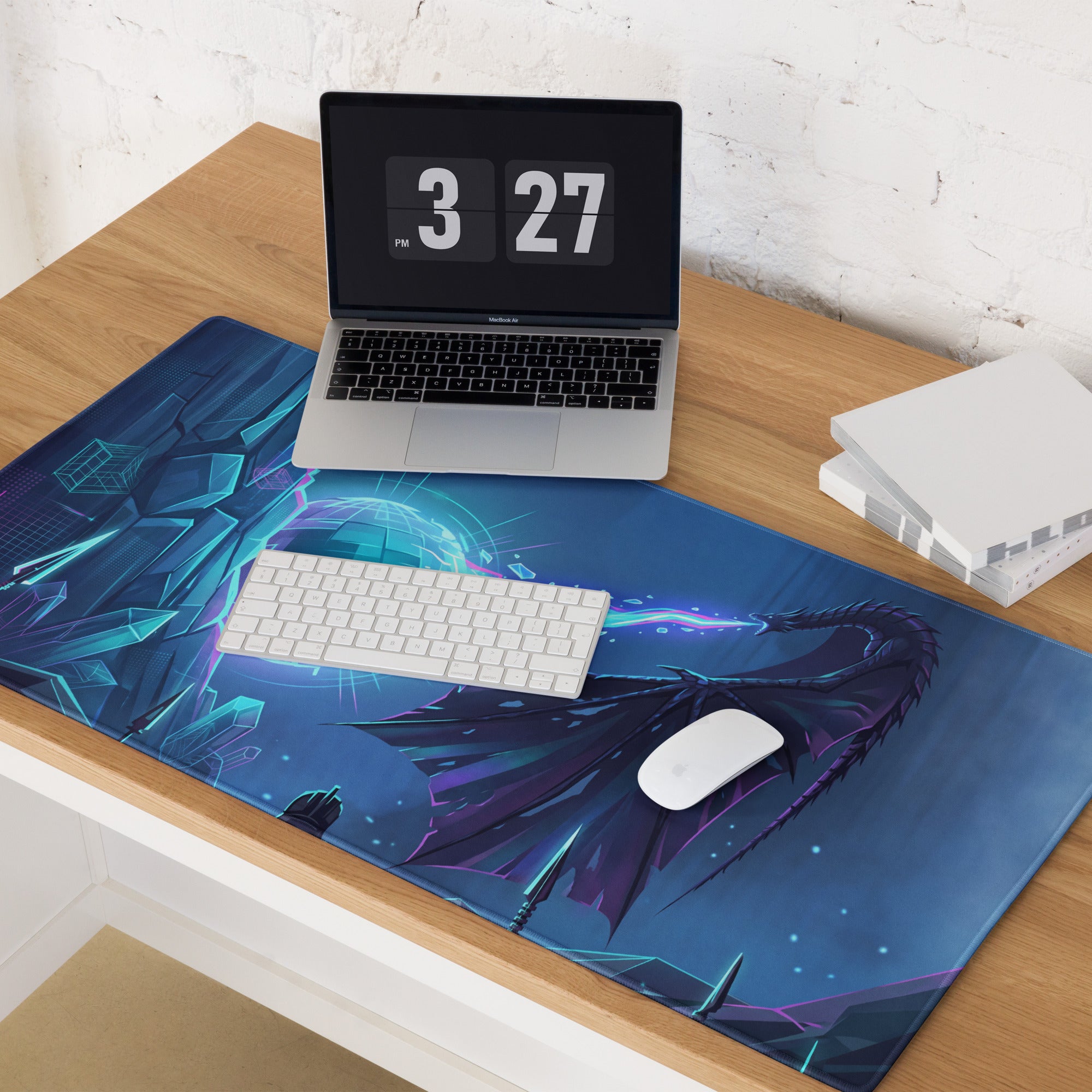 Blue and purple dragon-themed gaming mousepad with neon vaporwave futuristic glowing cyberpunk digital art design