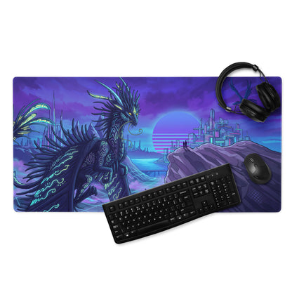 Vibrant purple and blue neon dragon-themed gaming mousepad with futuristic cityscape design for desktop use