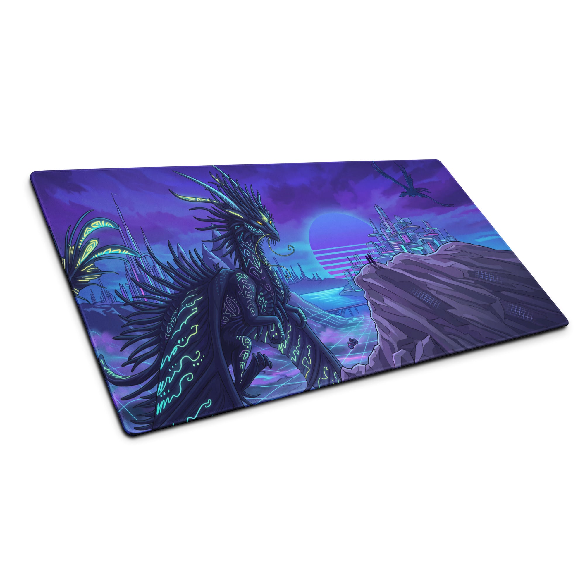 Purple and teal neon dragon-themed gaming mousepad with futuristic cityscape design for desktop vaporwave setup