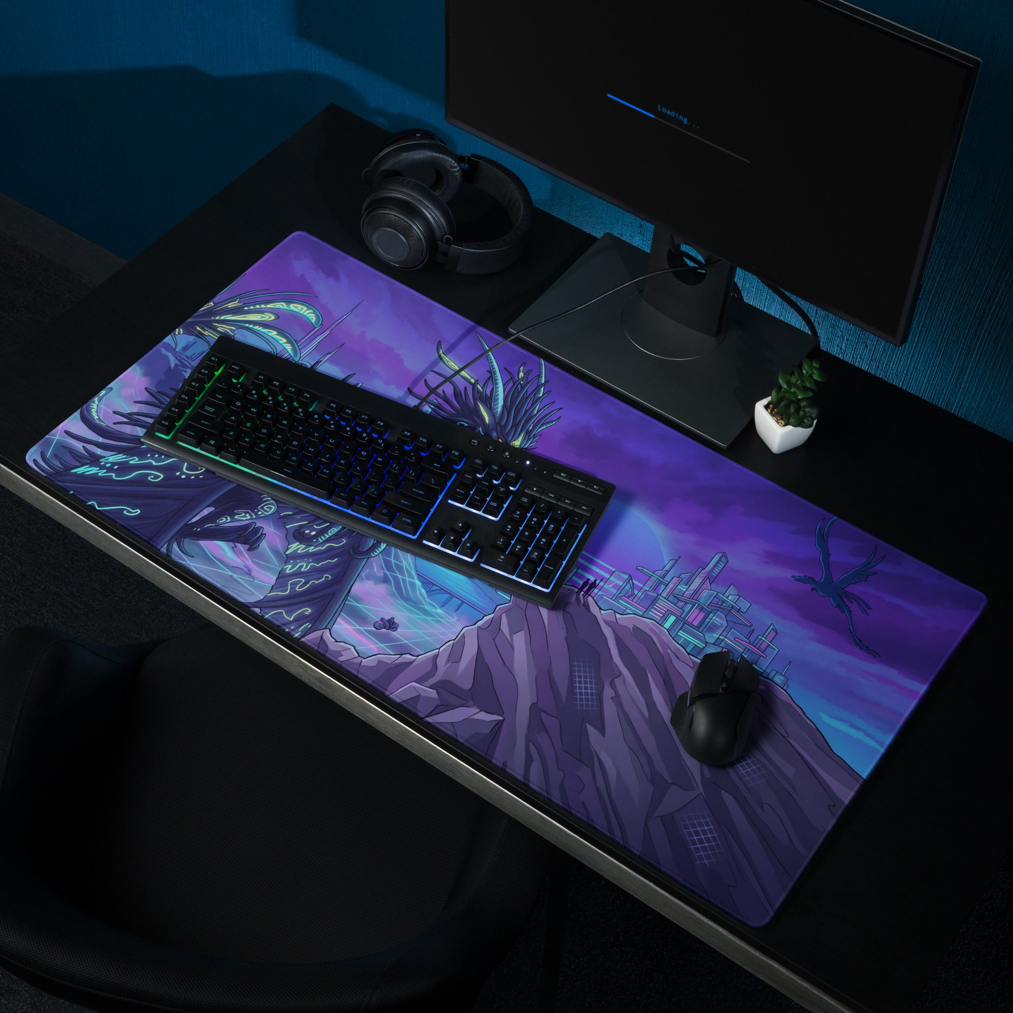 Purple and blue neon dragon vaporwave desk pad featuring fantasy monsters mountains and futuristic cityscape artwork