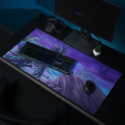 Purple and blue neon dragon vaporwave desk pad featuring fantasy monsters mountains and futuristic cityscape artwork