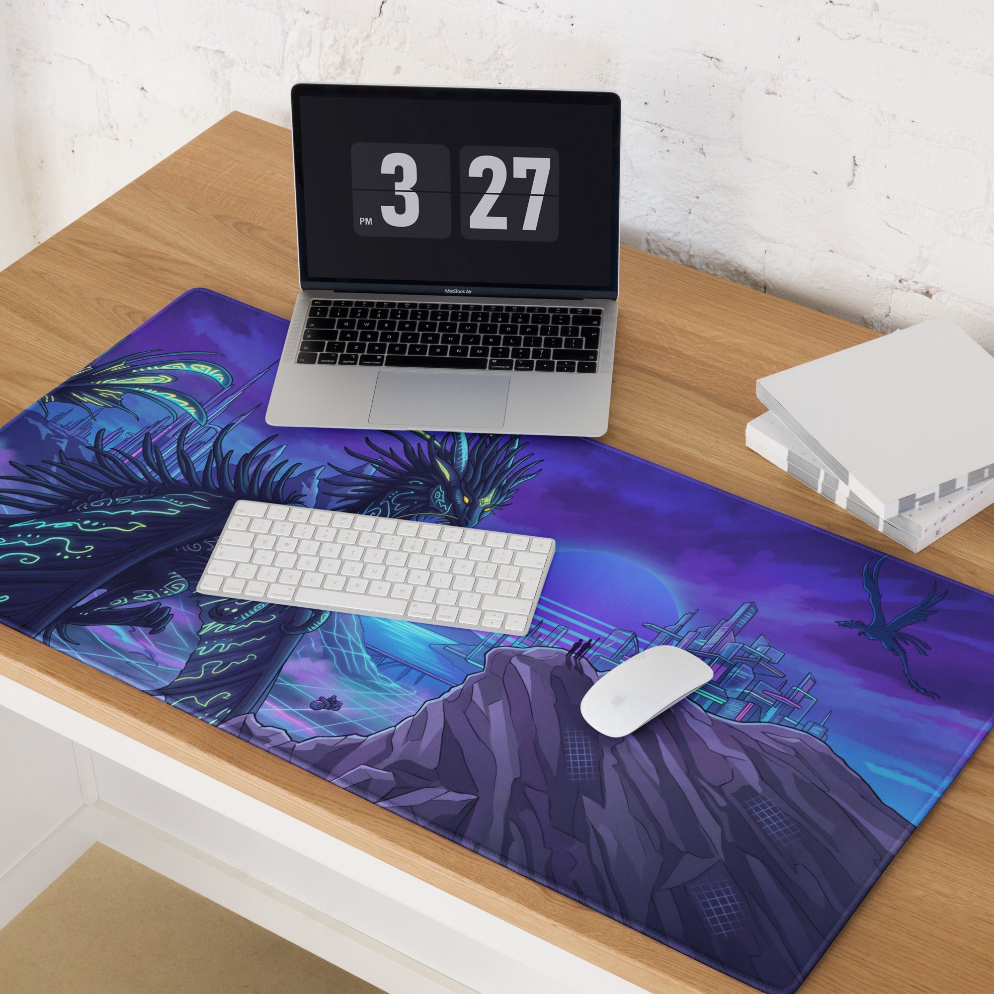 Neon dragon vaporwave desk pad featuring a vibrant purple and blue dragon illustration on a fantasy gaming mousepad