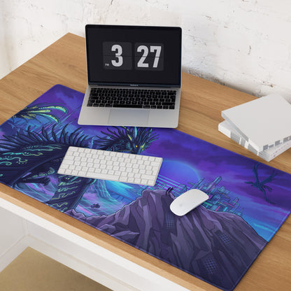 Neon dragon vaporwave desk pad featuring a vibrant purple and blue dragon illustration on a fantasy gaming mousepad