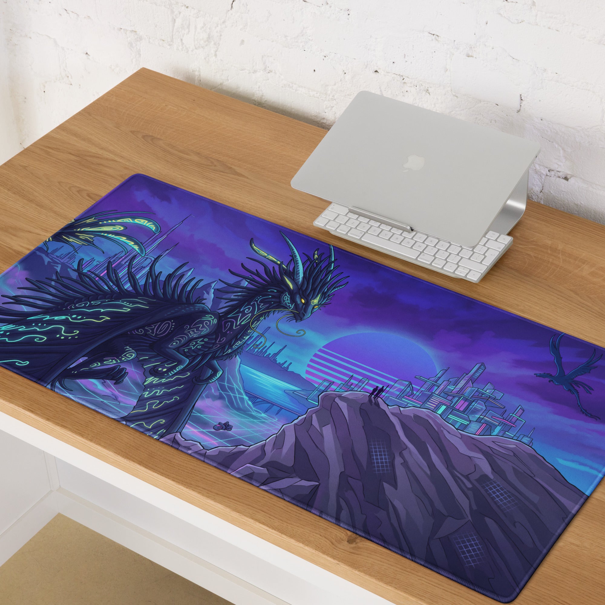A vibrant purple and black neon dragon-themed gaming mousepad with glowing green accents and futuristic cityscape design