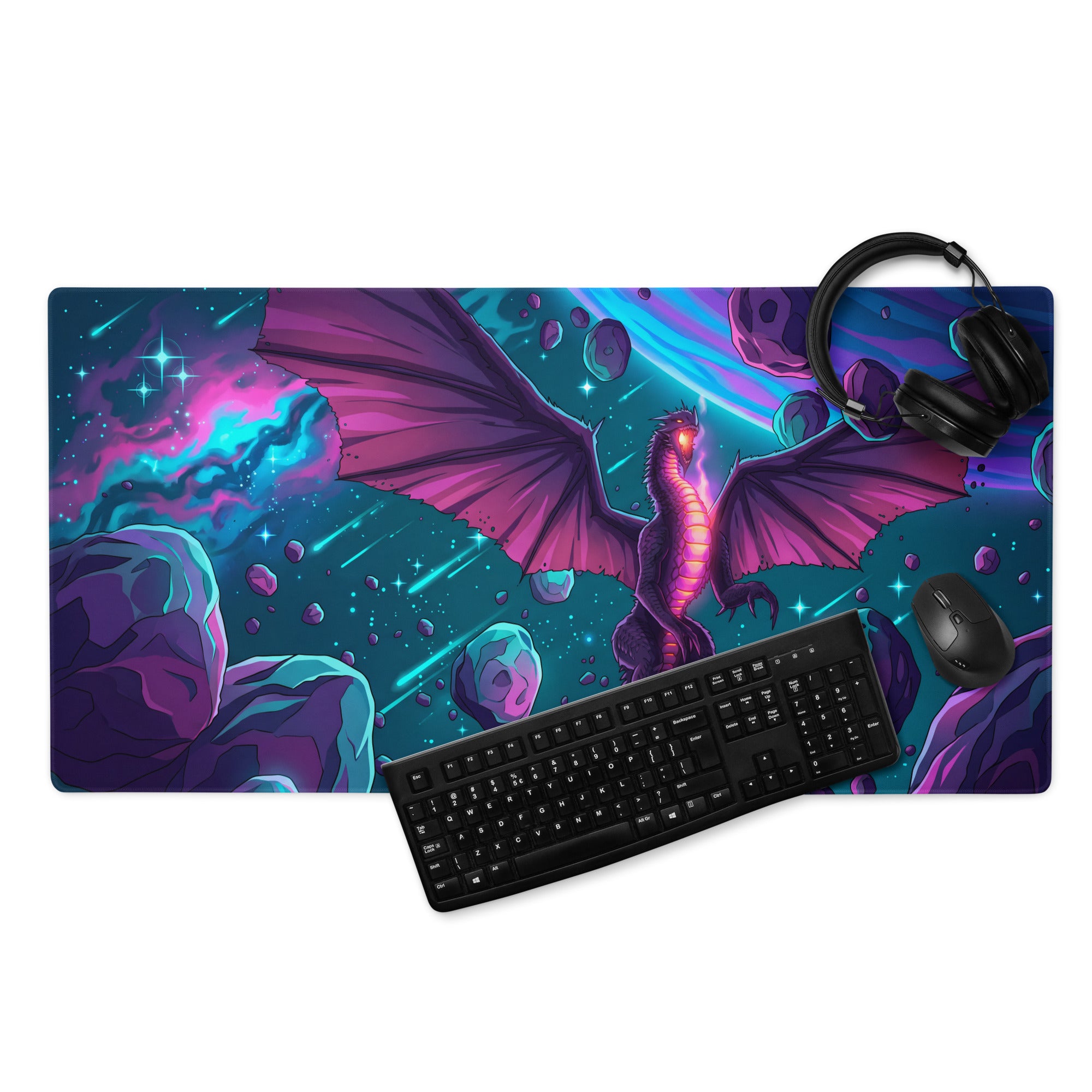 Vibrant cosmic dragon-themed gaming mousepad with purple and teal nebula design for vaporwave neon desk setup