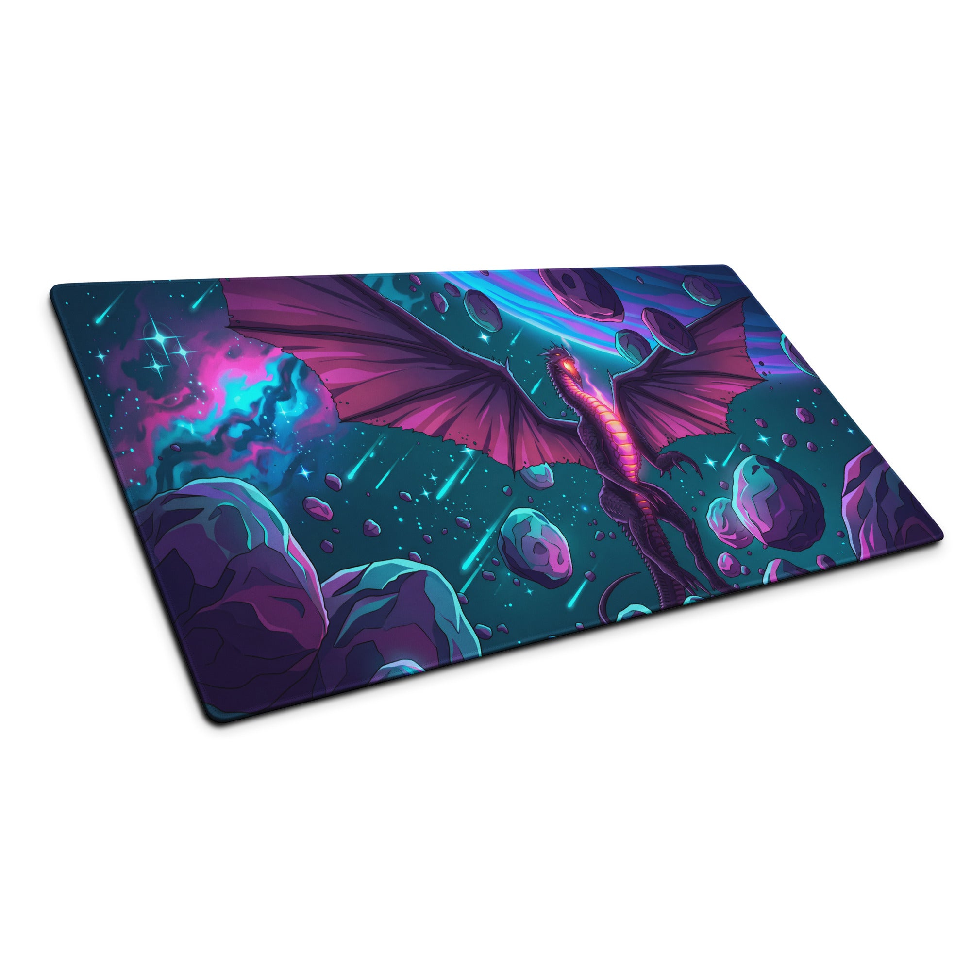 Vibrant cosmic dragon-themed gaming mousepad with neon purple and teal nebula design for vaporwave desk setup