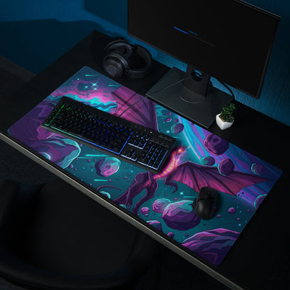 Vaporwave neon dragon gaming mousepad with purple and teal nebula design and glossy surface for smooth cursor movement
