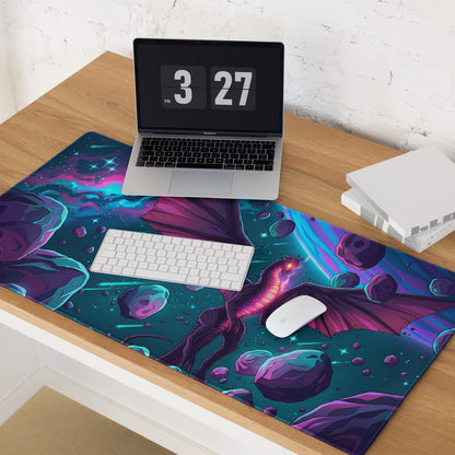 Vibrant vaporwave neon dragon gaming mousepad with glowing purple dragon, teal magenta violet hues on smooth fabric