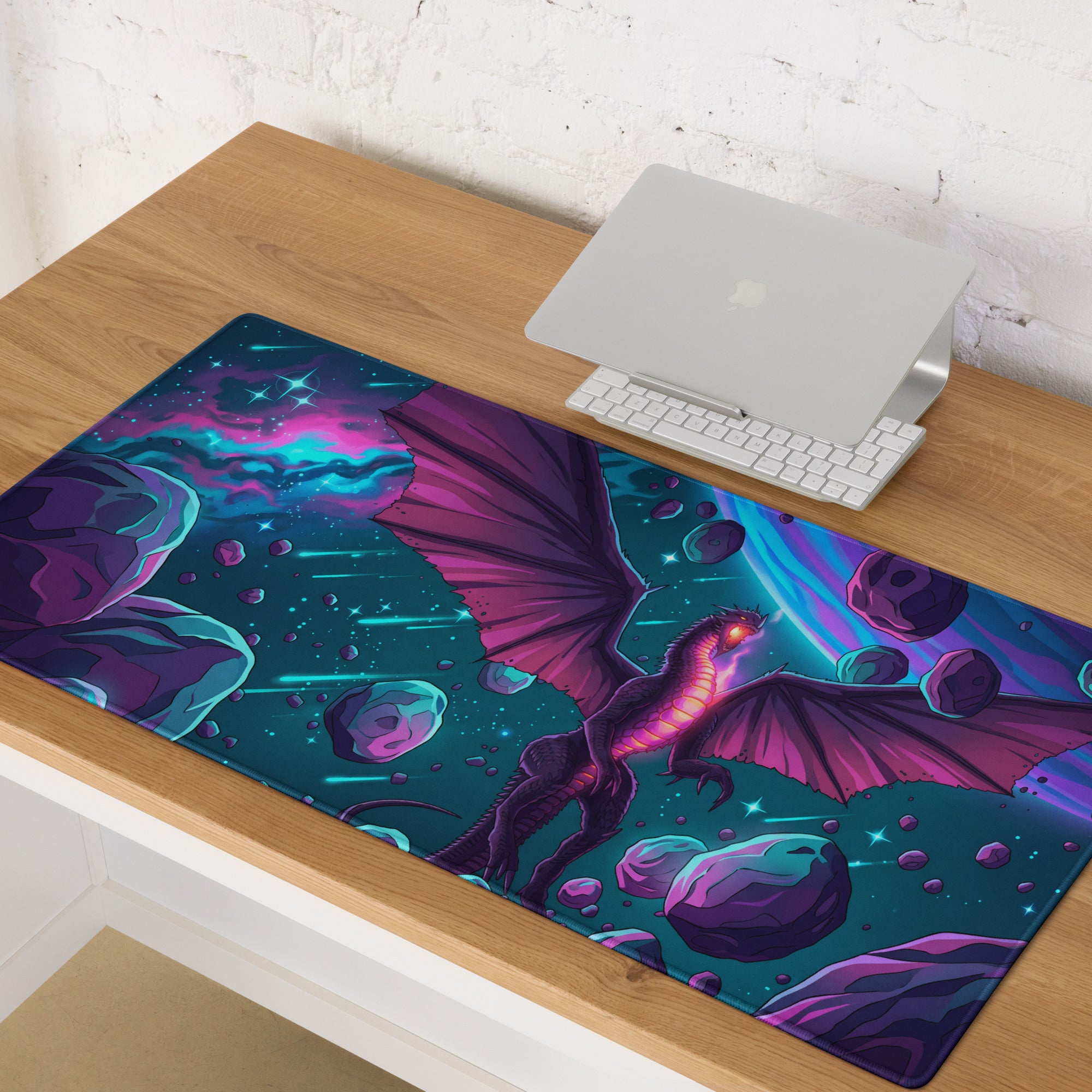 Vaporwave neon dragon pad gaming mousepad with glowing purple wings and teal starry cosmic background