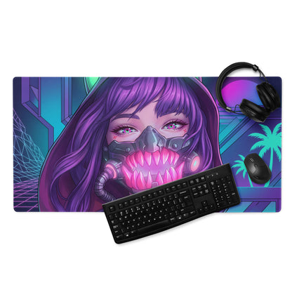 Vibrant purple and teal vaporwave neon predator desk pad featuring a stylized anime girl with futuristic mask
