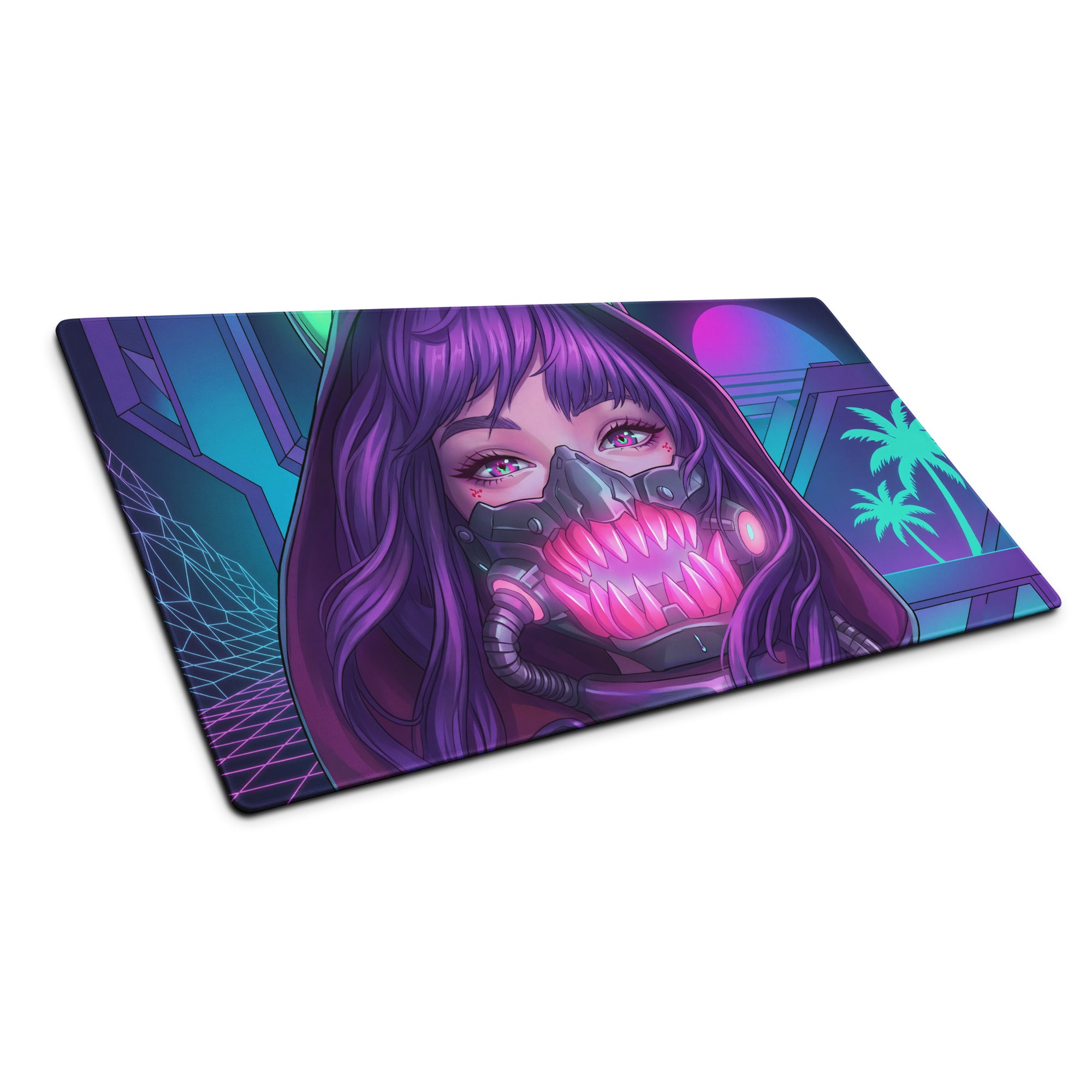 Navy blue and purple neon vaporwave gaming mousepad with stylized anime character and cyberpunk background design