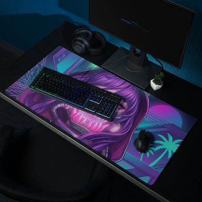 Vaporwave neon predator gaming mouse pad in purple and pink featuring a stylized character with neon palm trees and geometric patterns
