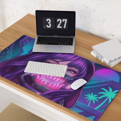 Purple and teal vaporwave neon predator desk pad featuring long-haired character with pink teeth and palm trees background