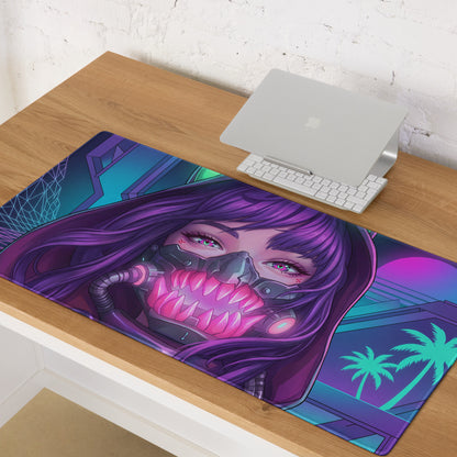 Vibrant purple and teal cyberpunk gaming mousepad featuring a stylized anime girl with glowing pink teeth and futuristic mask