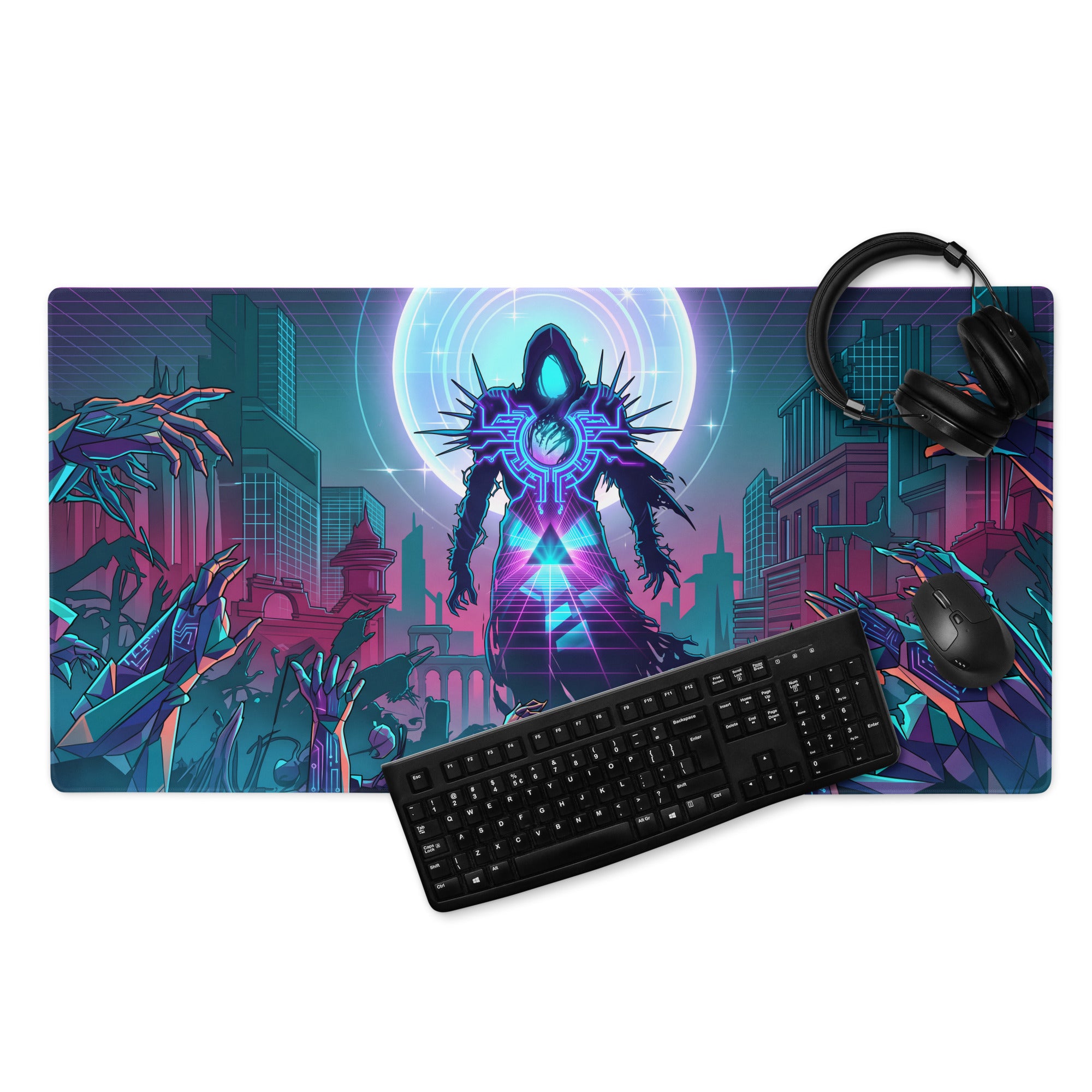 Neon void vaporwave gaming mouse pad with vibrant purple blue pink neon holographic figure and cyberpunk cityscape design