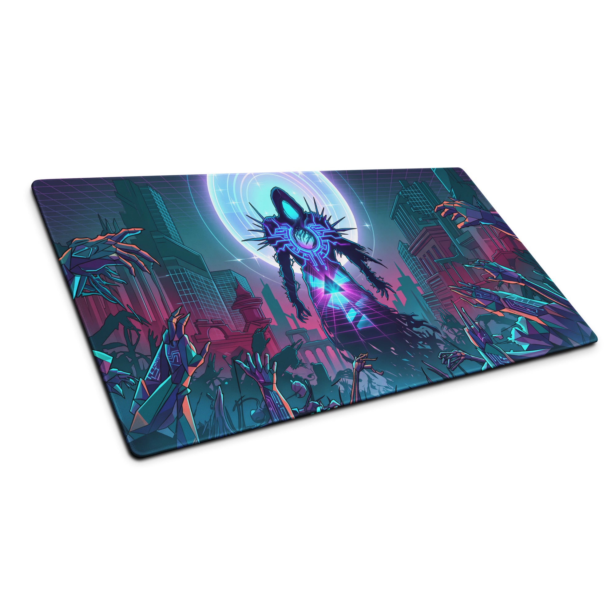 Neon void vaporwave gaming mouse pad with nebula-themed vibrant neon blue purple futuristic cityscape design