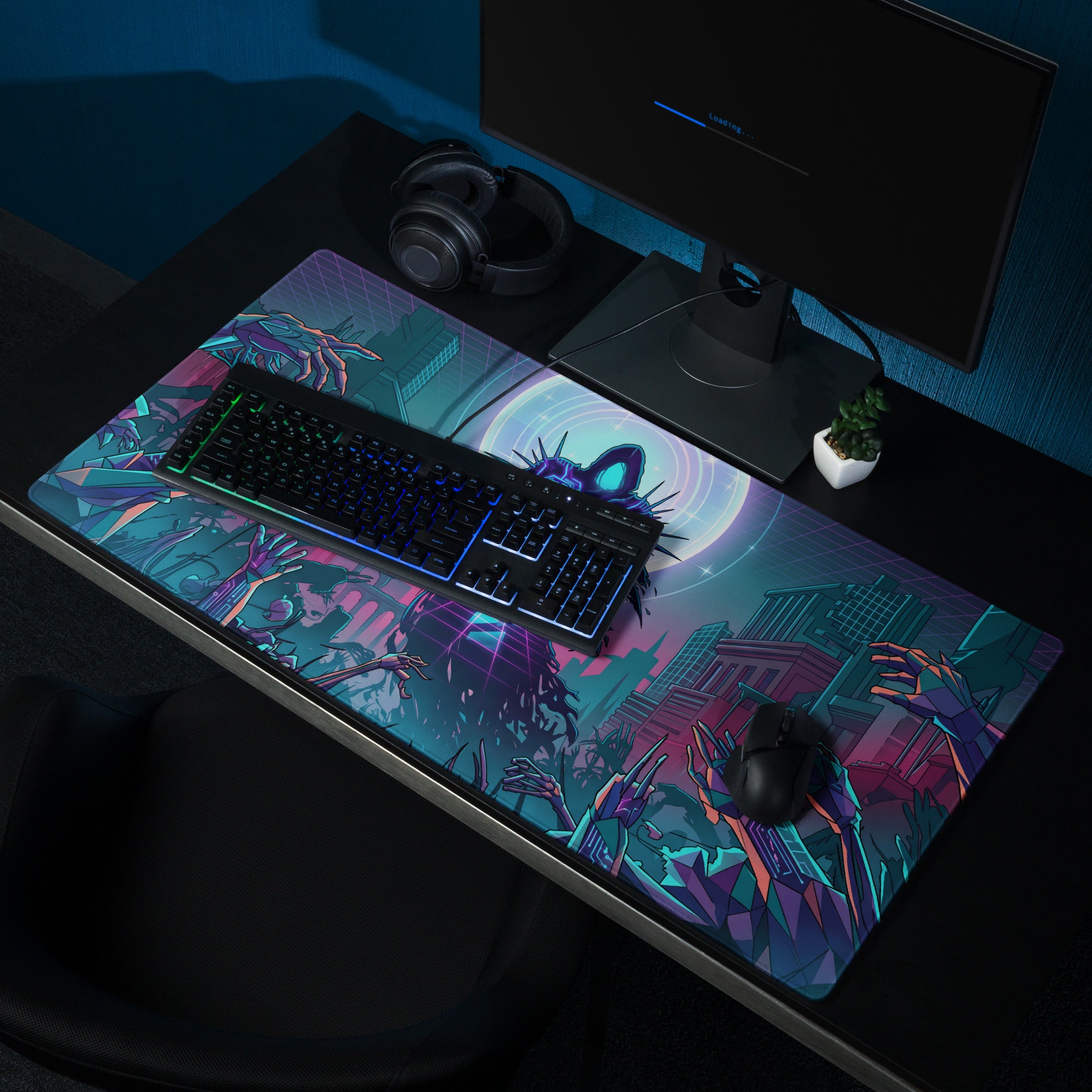Neon void vaporwave gaming mouse pad with neon purple blue pink cyberpunk cityscape and zombie hands design