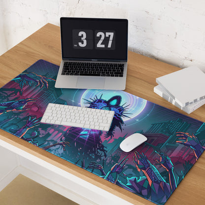 Neon void vaporwave gaming mouse pad with vibrant blue purple neon hues and a central spiky figure surrounded by hands