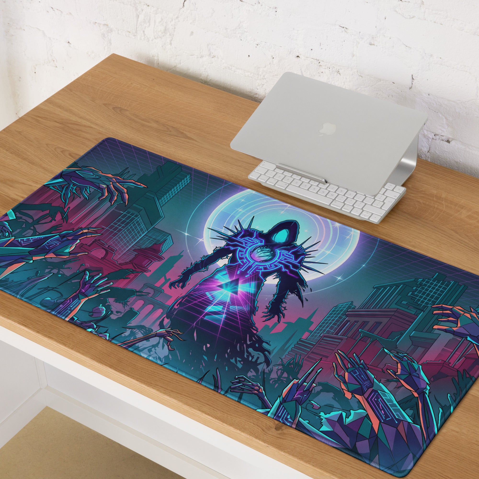 Vibrant neon void vaporwave gaming mouse pad with glowing spiky figure and hands against futuristic cityscape in purple blue pink