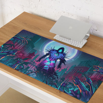 Vibrant neon void vaporwave gaming mouse pad with glowing spiky figure and hands against futuristic cityscape in purple blue pink