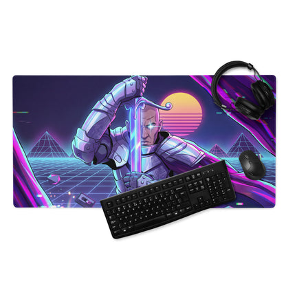 Vibrant purple neon pink retro futuristic gaming mousepad with silver armored knight glowing sword pyramids grid sunset