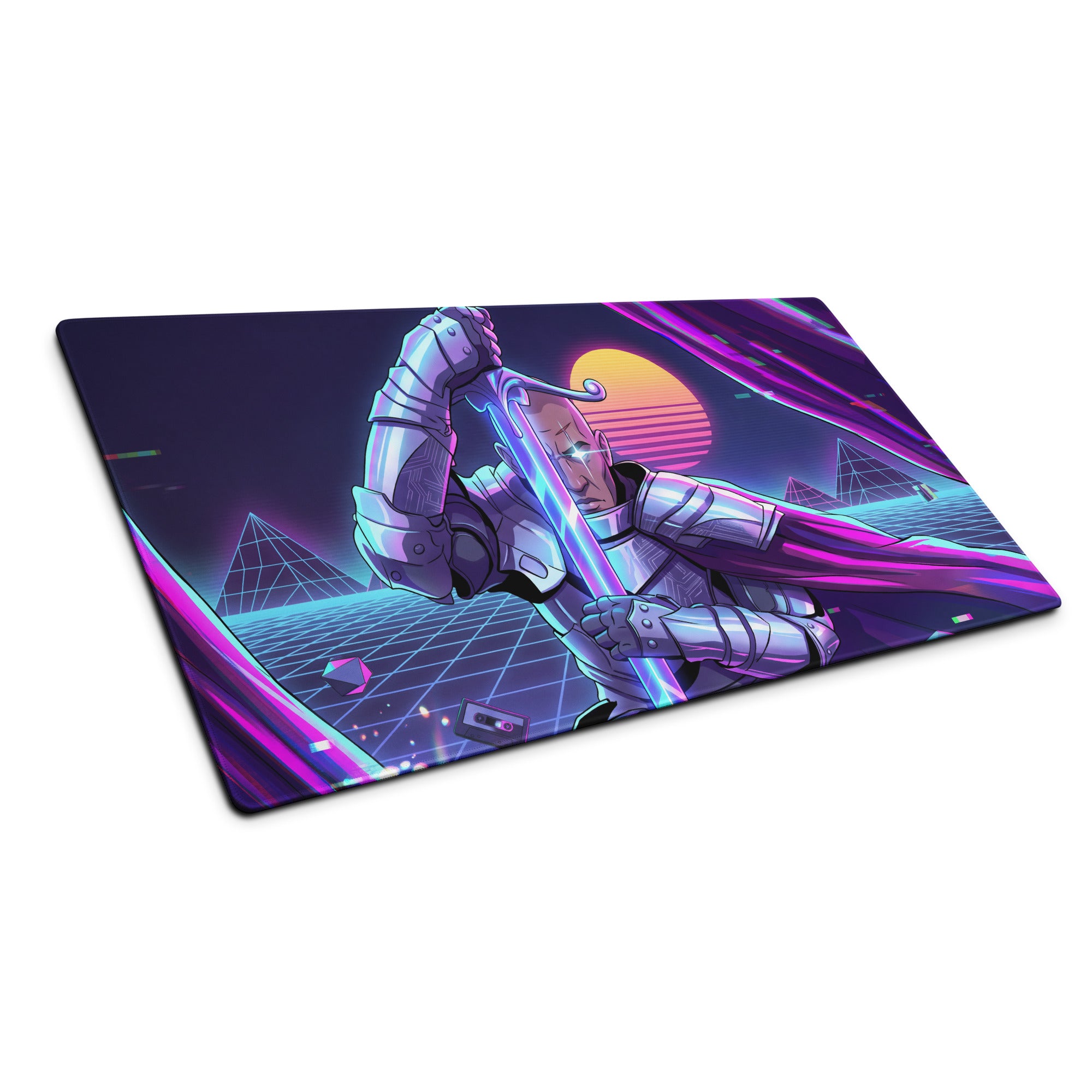 Neon vaporwave cyber mouse pad with nineties-inspired knight wielding glowing sword on purple pink cyberpunk background