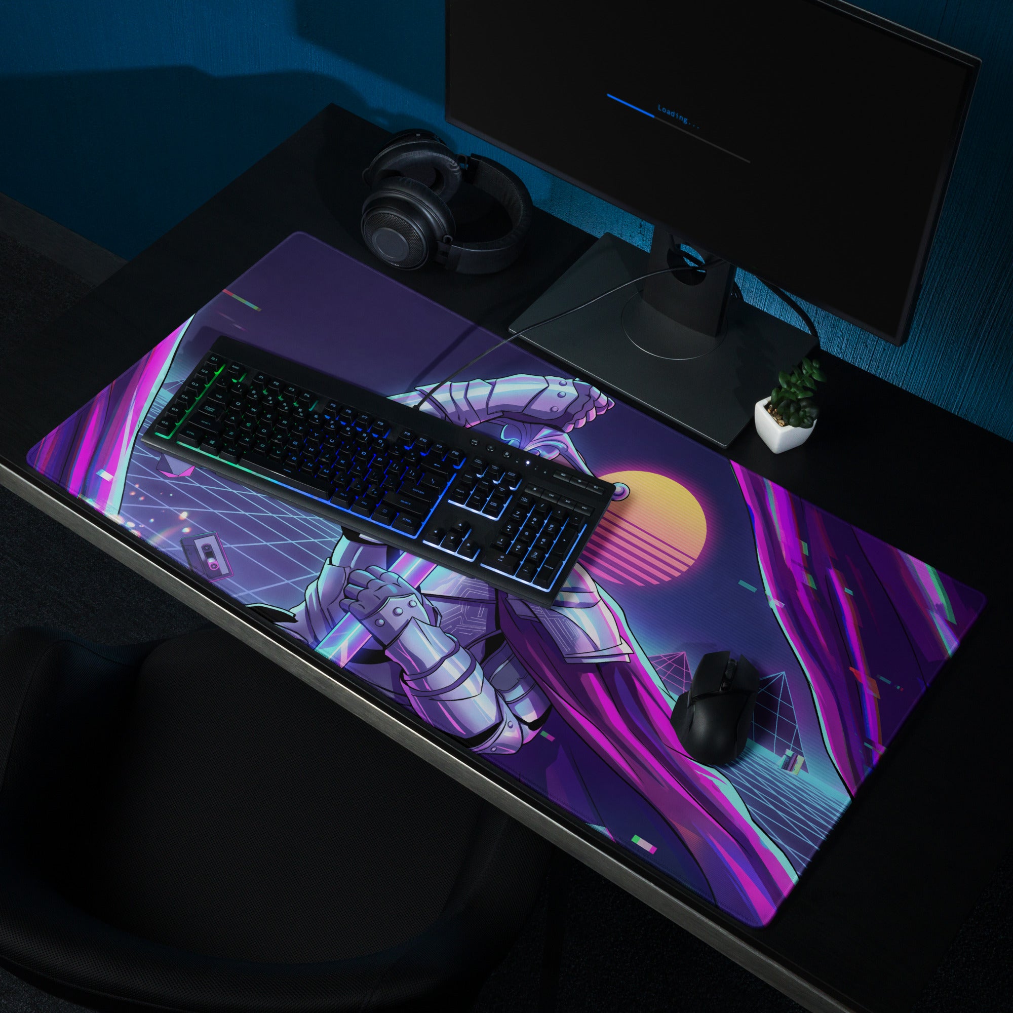 Neon vaporwave cyber mouse pad with vibrant purple pink design featuring a silver armored astronaut against a sunset
