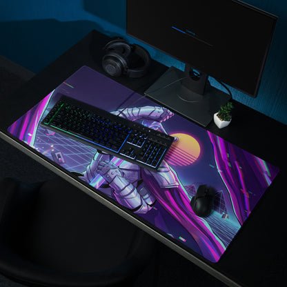 Neon vaporwave cyber mouse pad with vibrant purple pink design featuring a silver armored astronaut against a sunset